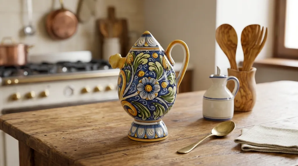 Bummulu Malandrino in ceramica di Caltagirone dipinto a mano su tavola da cucina rustica
